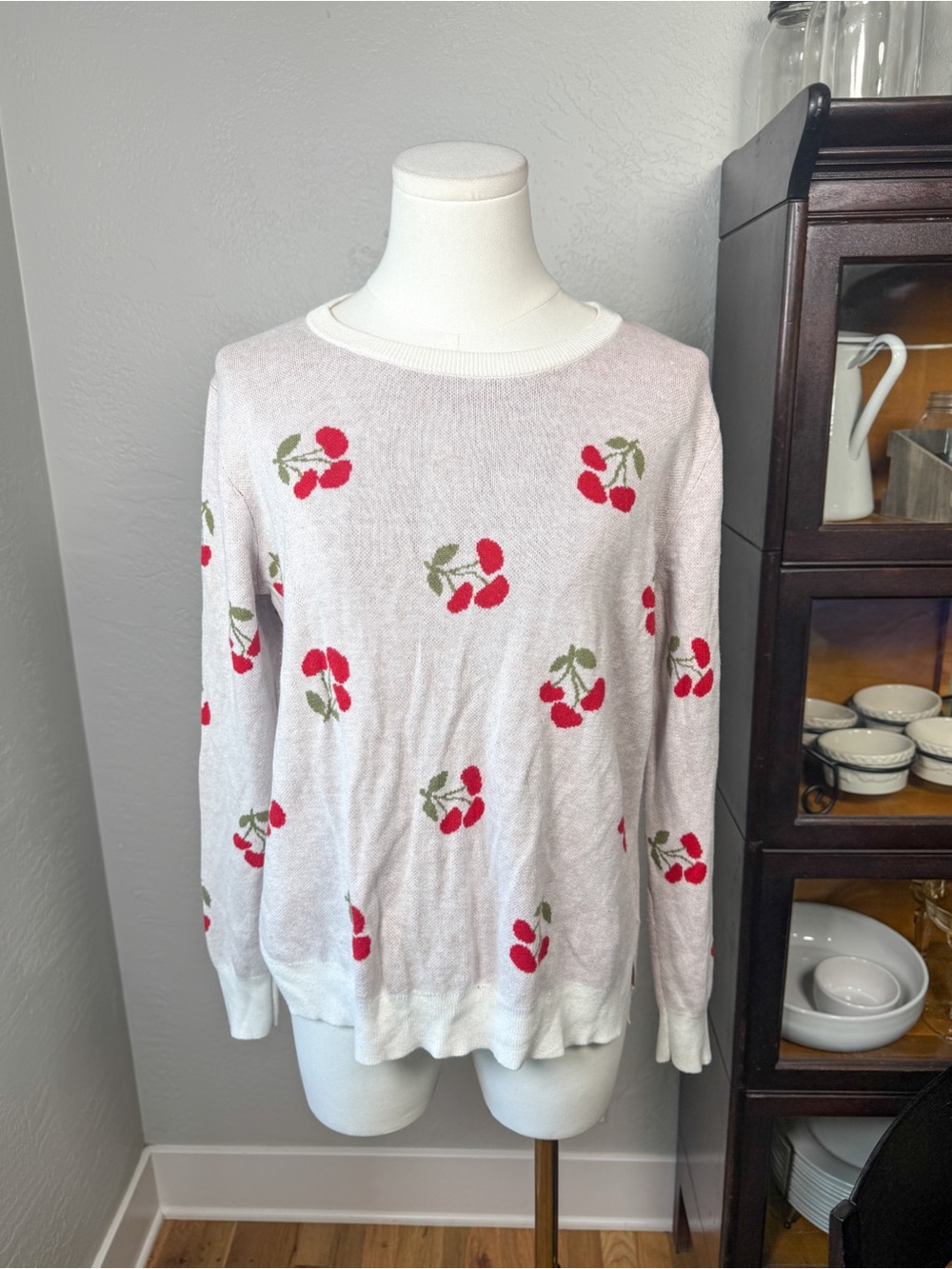 Saint Geraldine Cherry Print Cotton Sweater White Red Green Size M